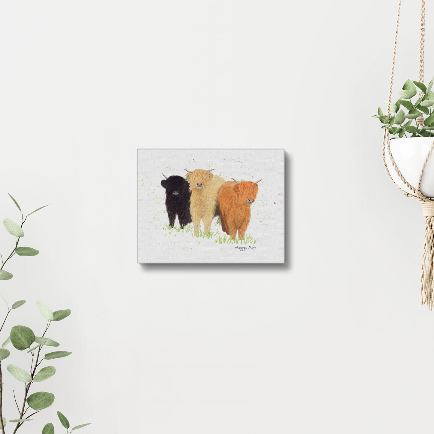 The Three Moosketeers canvas print, highland cow artwork. Highland cow gifts and homeware.