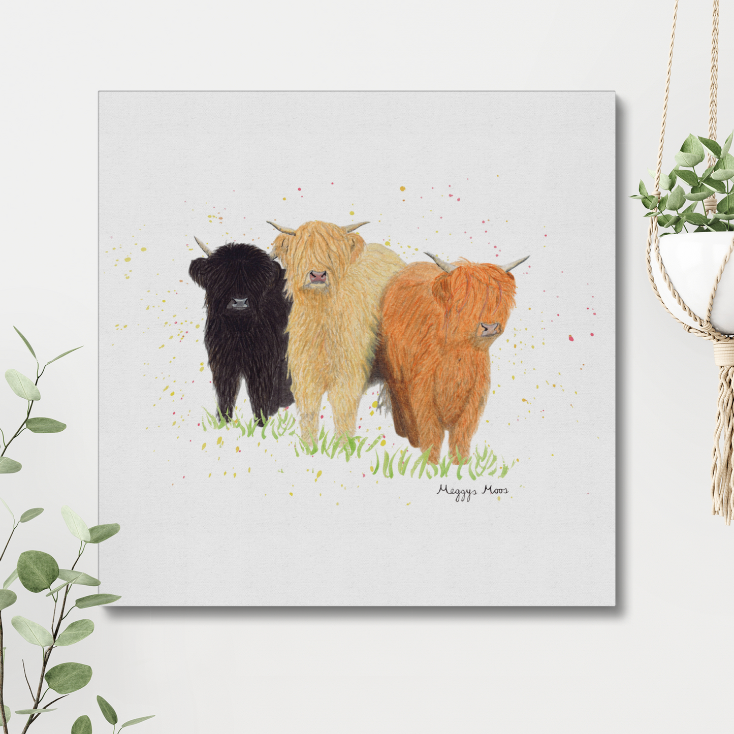 The Three Moosketeers canvas print, highland cow artwork. Highland cow gifts and homeware.
