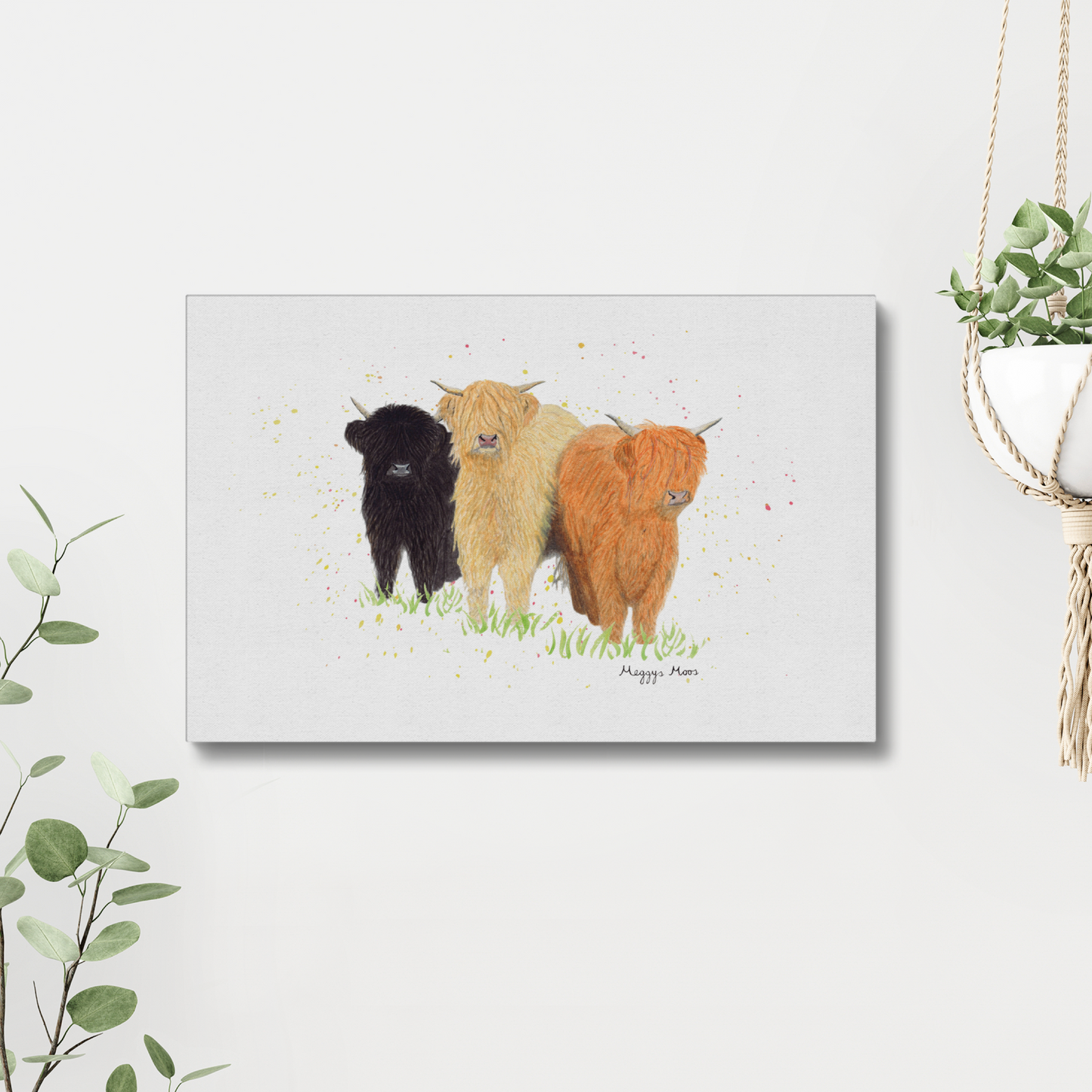 The Three Moosketeers canvas print, highland cow artwork. Highland cow gifts and homeware.