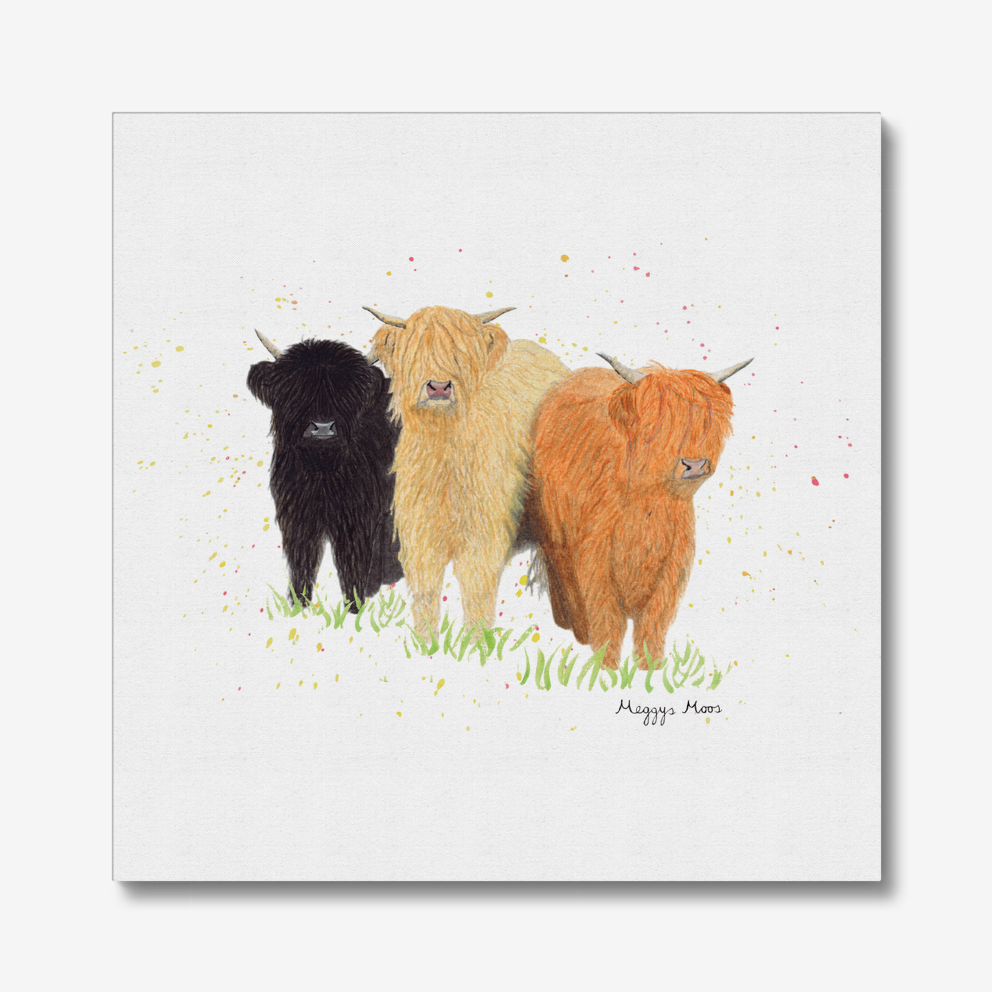 The Three Moosketeers canvas print, highland cow artwork. Highland cow gifts and homeware.