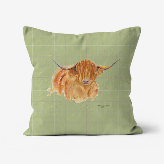 morag highland cow cushion with tween pattern print. Gift and country homeware