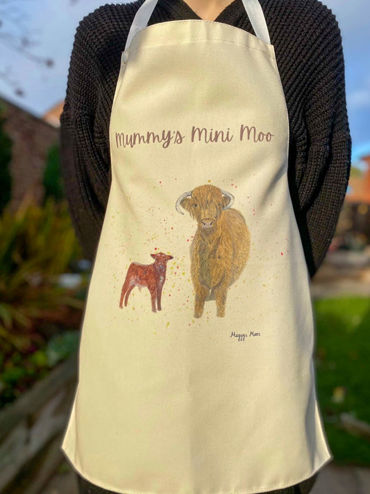 children's fiona highland cow apron. Matching mother and child apron. Country gift