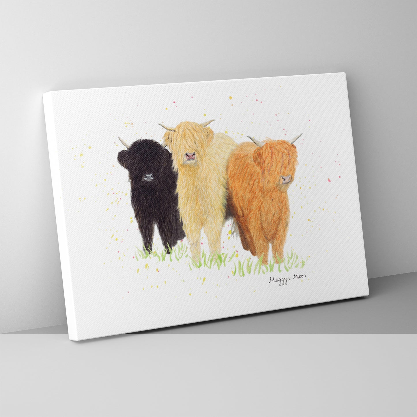 The Three Moosketeers canvas print, highland cow artwork. Highland cow gifts and homeware.