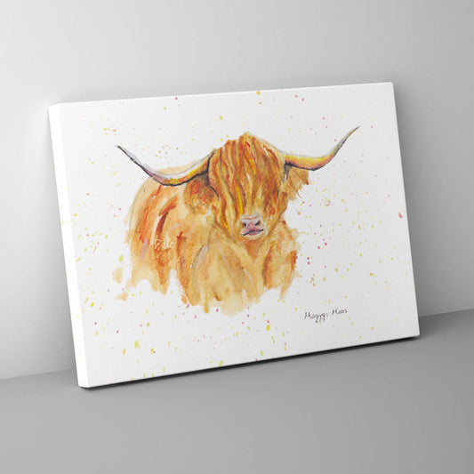 morag highland cow artwork, canvas print. original painting by meggys moos. highland cow gift.