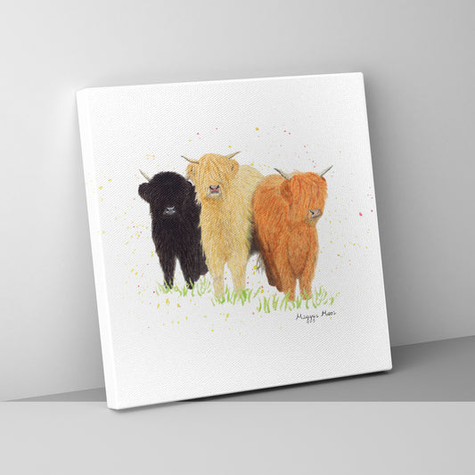 The Three Moosketeers canvas print, highland cow artwork. Highland cow gifts and homeware.