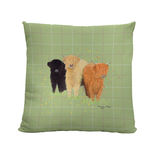 three moosketeers tweed pattern print cushion. highland cow artwork and gifts