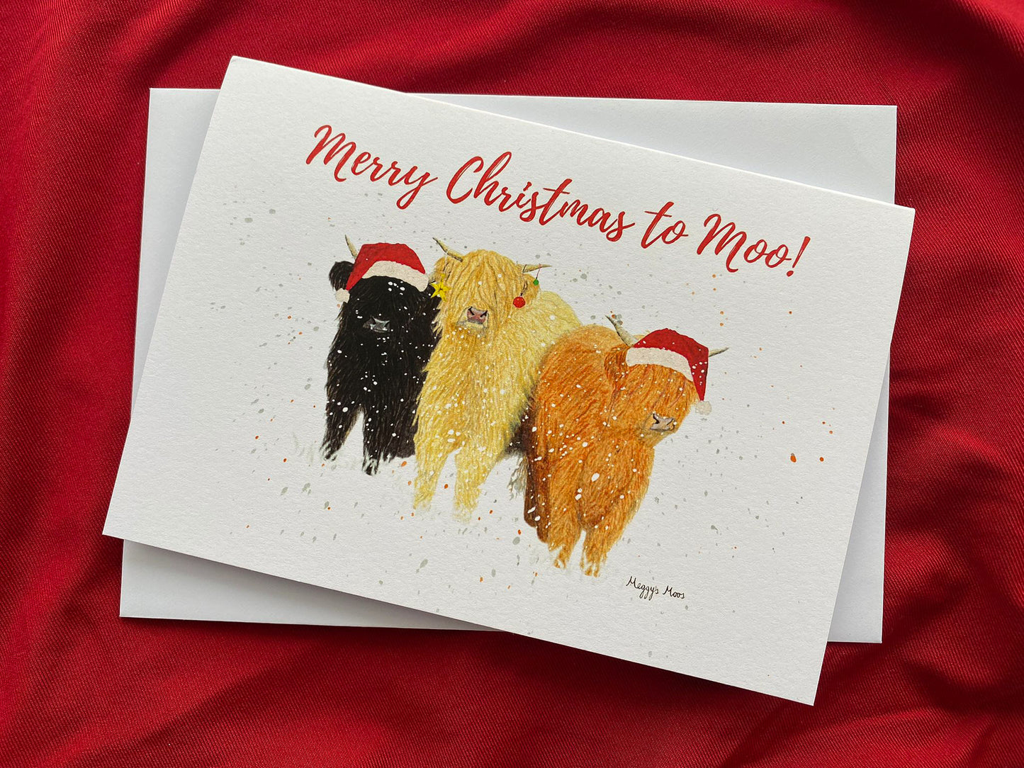 highland cow farm themed christmas card.