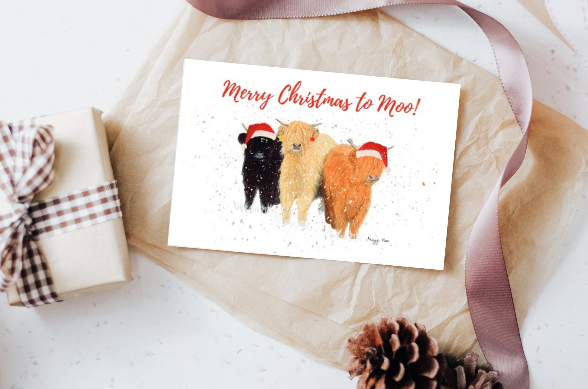 highland cow farm themed christmas card.