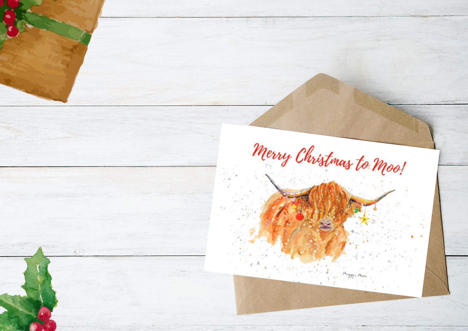 morag highland cow christmas card, festive gift. luxury country cards featuring meggys moos artwork