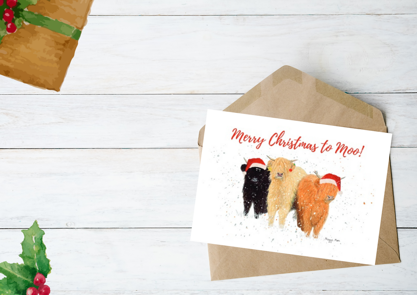 highland cow farm themed christmas card.