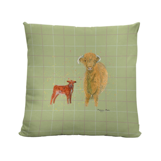 tweed print granny fiona highland cow cushion gift