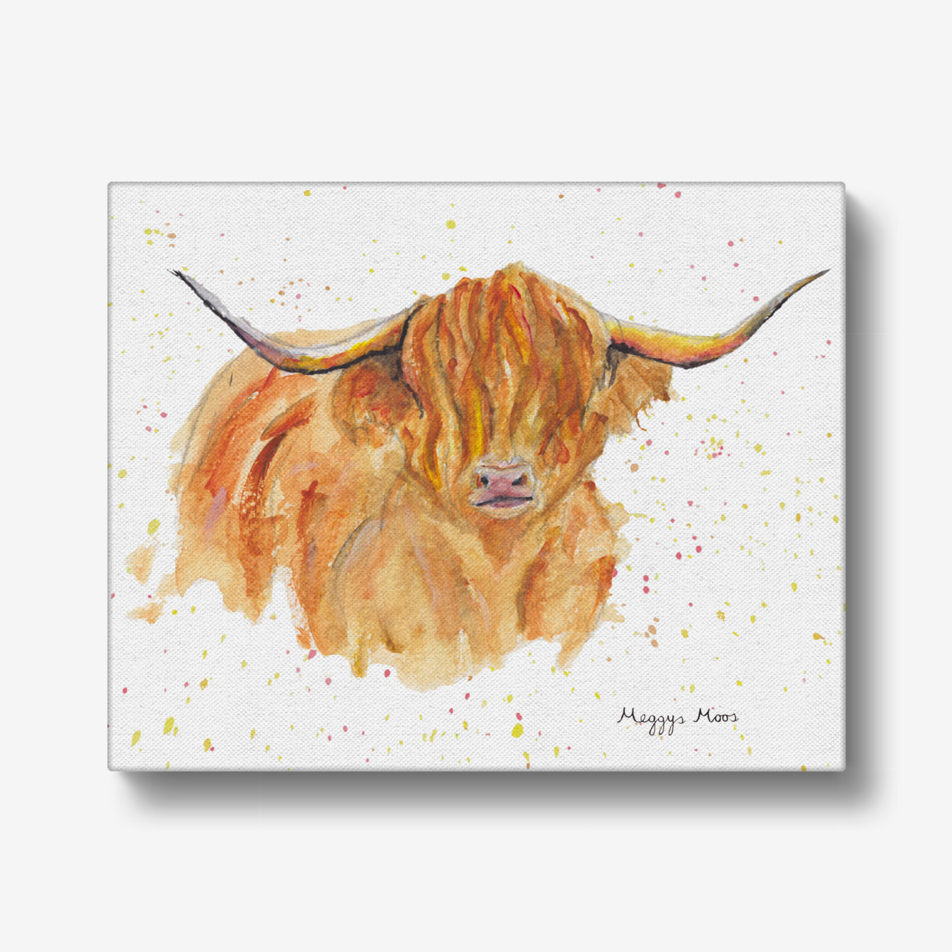 morag highland cow artwork, canvas print. original painting by meggys moos. highland cow gift.