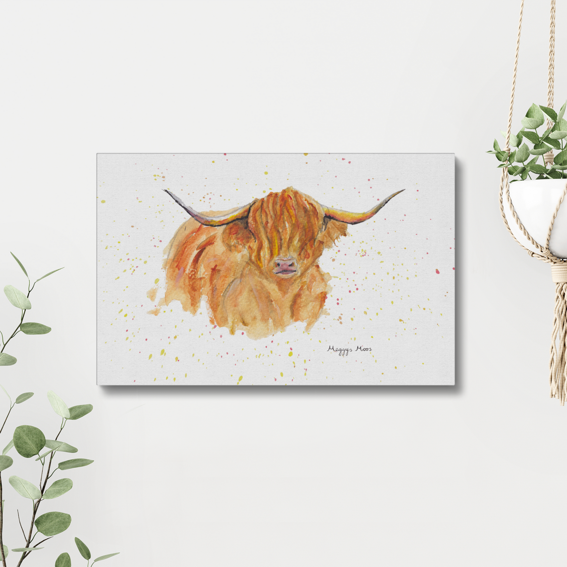 morag highland cow artwork, canvas print. original painting by meggys moos. highland cow gift.