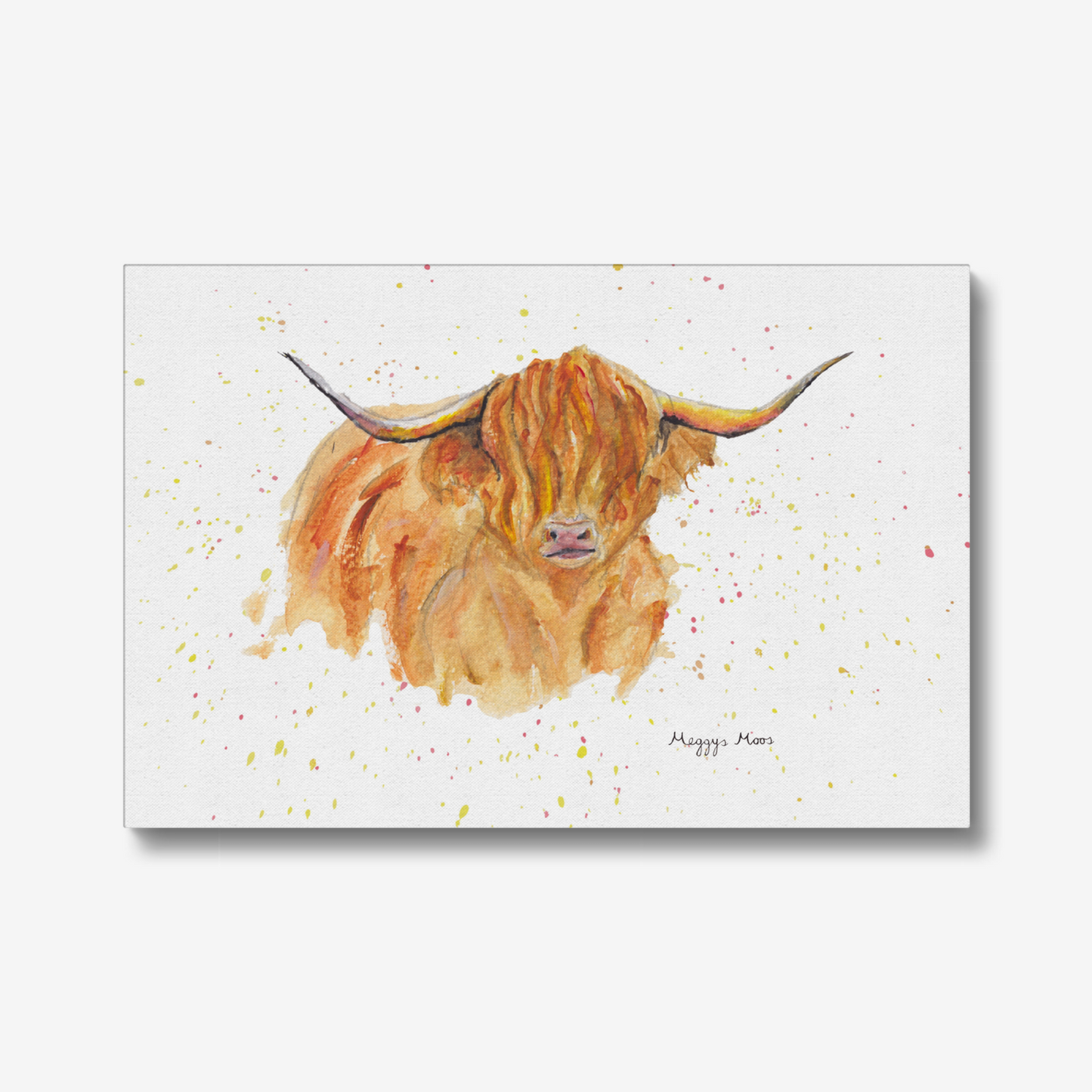 morag highland cow artwork, canvas print. original painting by meggys moos. highland cow gift.