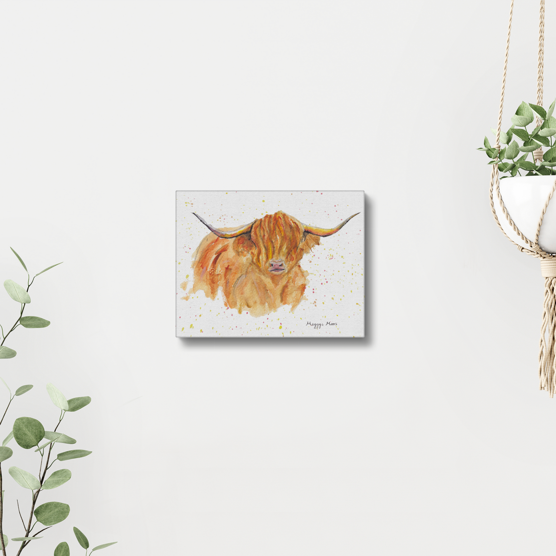 morag highland cow artwork, canvas print. original painting by meggys moos. highland cow gift.