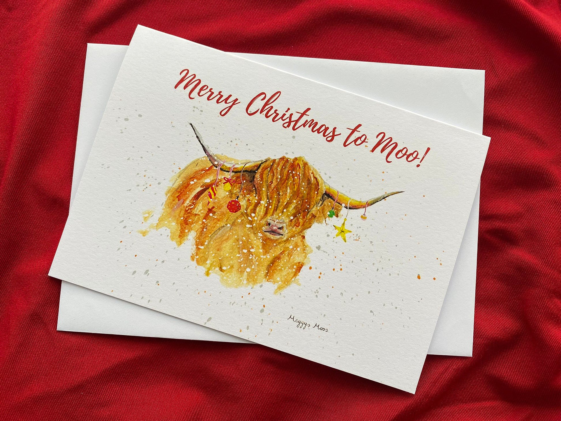 morag highland cow christmas card, festive gift. luxury country cards featuring meggys moos artwork