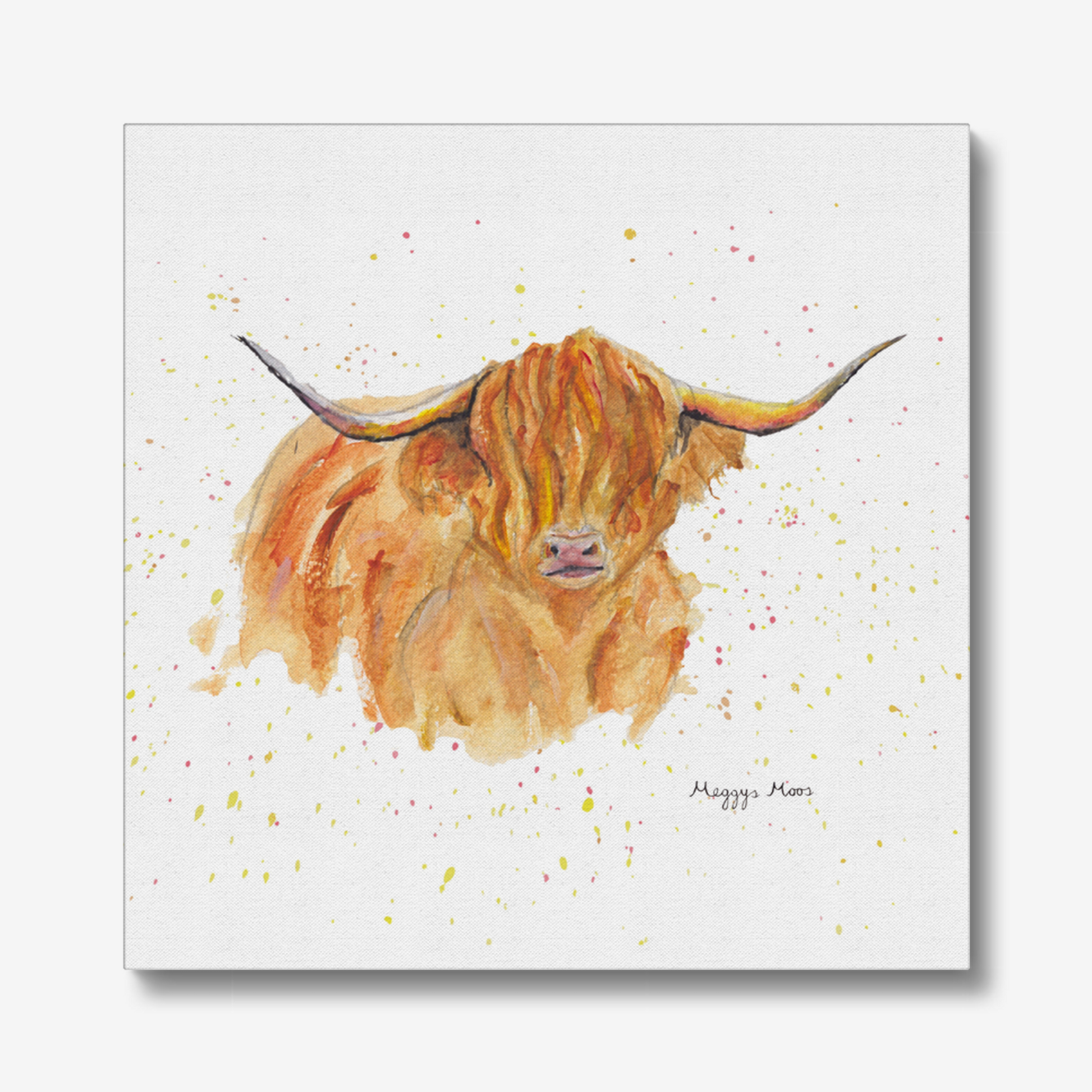 morag highland cow artwork, canvas print. original painting by meggys moos. highland cow gift.