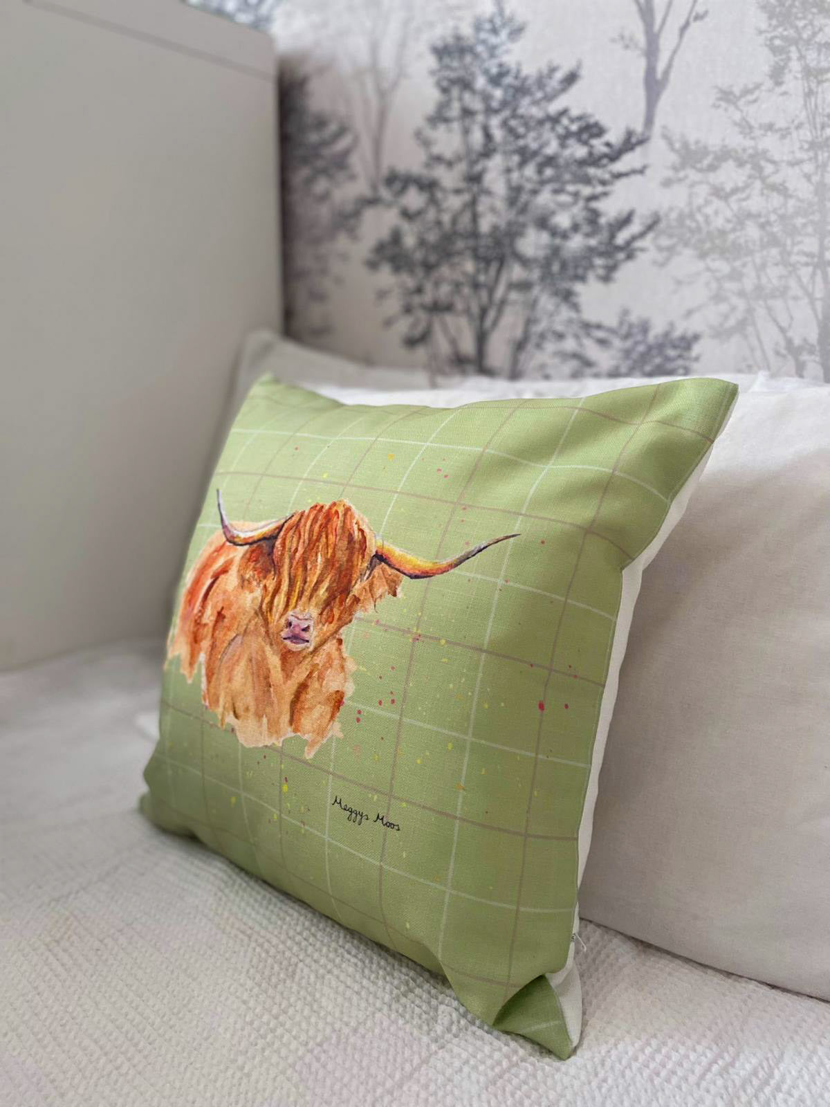 morag highland cow tweed print pattern cushion. highland cow gift.