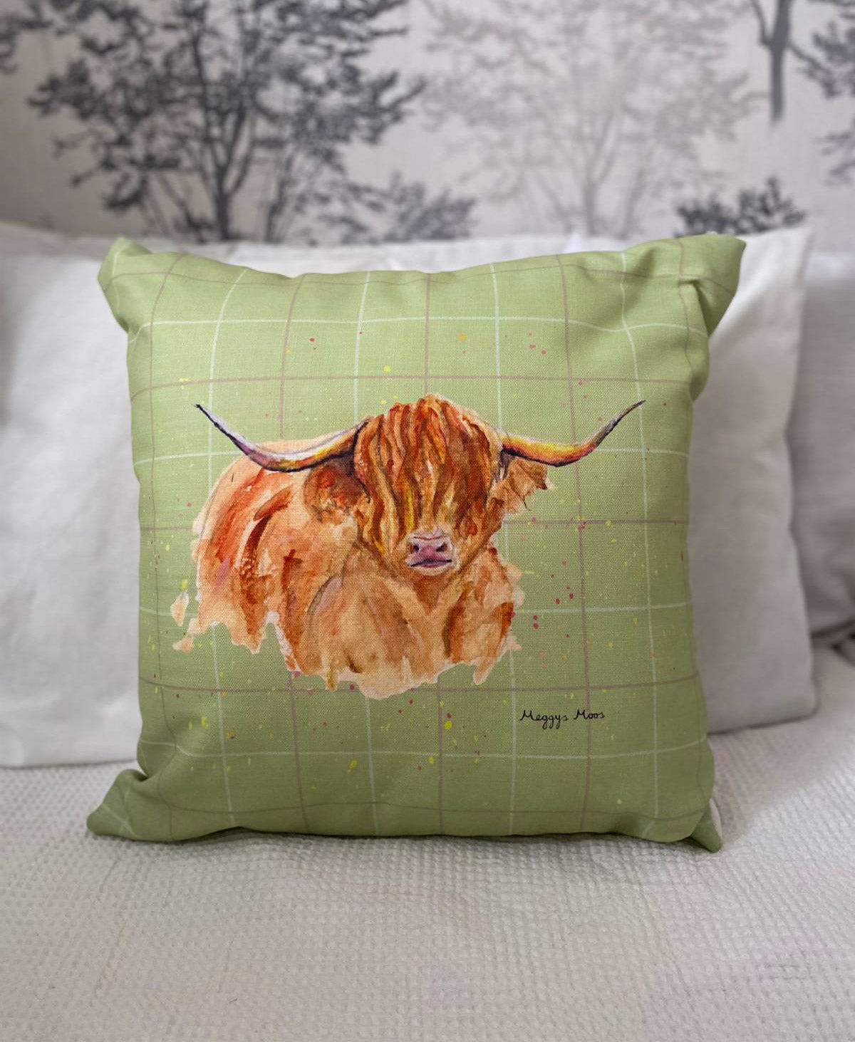 morag highland cow tweed print pattern cushion. highland cow gift.