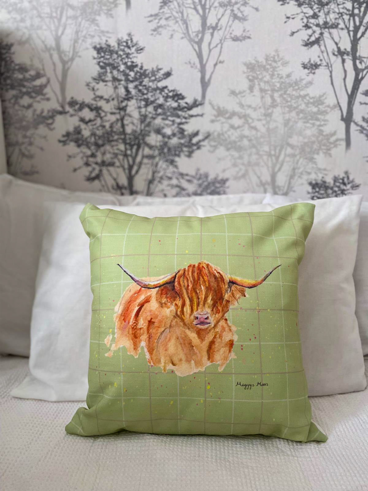 morag highland cow tweed print pattern cushion. highland cow gift.