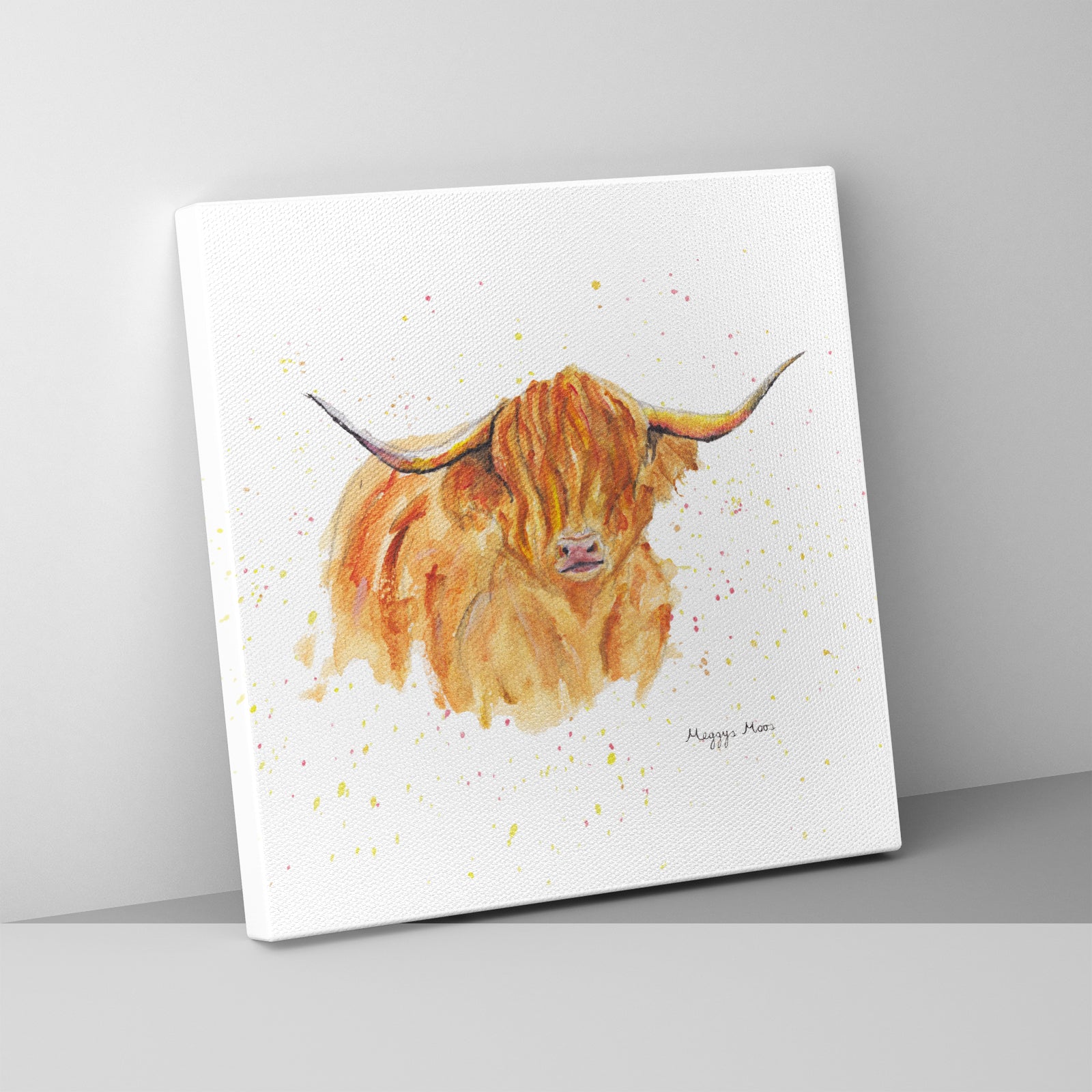 morag highland cow artwork, canvas print. original painting by meggys moos. highland cow gift.